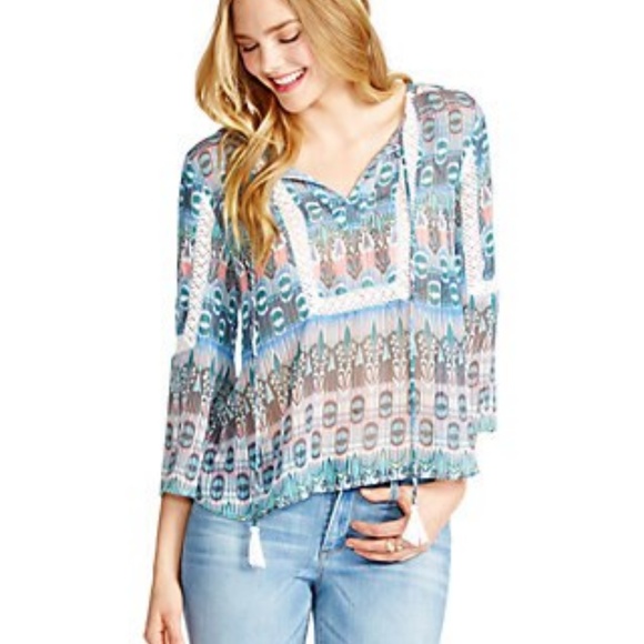 Jessica Simpson Tabitha Peasant Boho Crochet Trim Tassle Tie Top - Picture 1 of 2